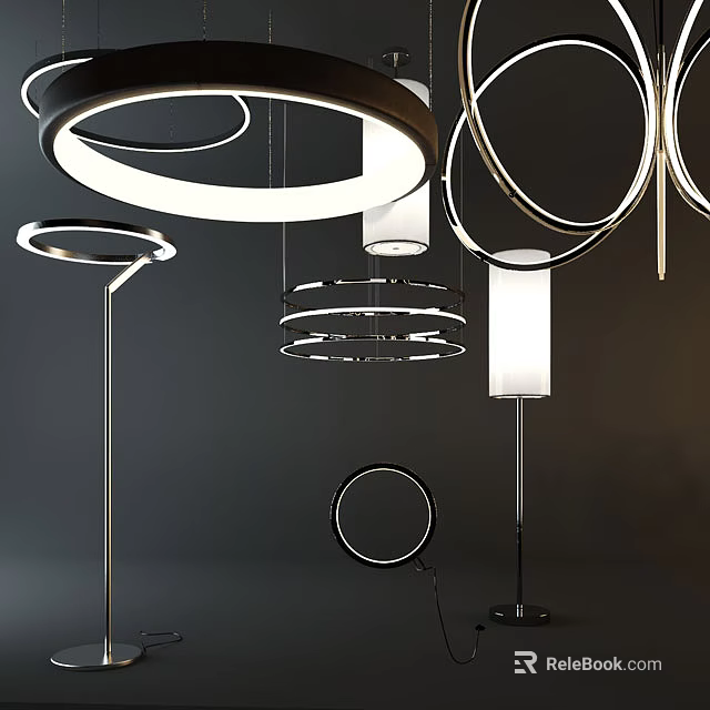 Modern Circular Metal Frame Pendant Lights And Floor Lamps Lighting Combinations 3d model 