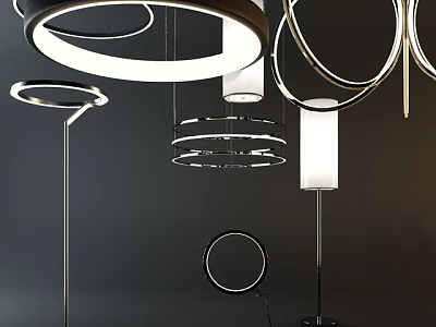 Modern Circular Metal Frame Pendant Lights And Floor Lamps Lighting Combinations 3d model
