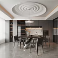 Modern Restaurant Interior with Round Dining Table Gray Chairs Circular Ceiling Design and Pendant Light 3d model