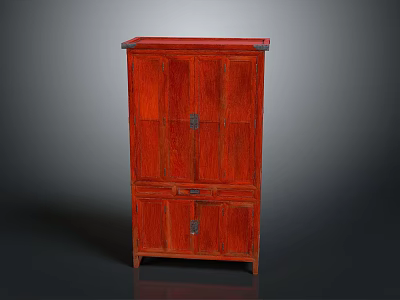 Red Chinese Style Wooden Cabinet With Double Doors And Bottom Drawers 3d model