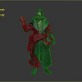 Man in Detailed Blue Long Robe with Waist Pouches Holding Green Object Against Plain Background