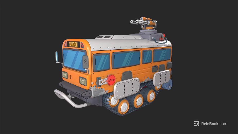 Cartoon Style Orange School Bus With Tracks And Mechanical Top Device 3d model 