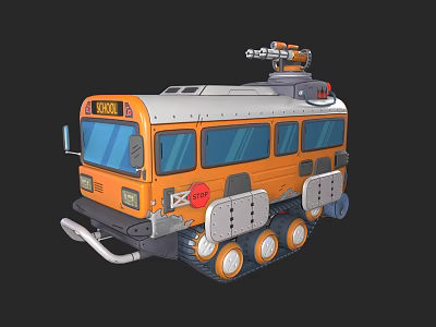 Cartoon Style Orange School Bus With Tracks And Mechanical Top Device 3d model