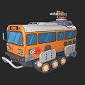Cartoon Style Orange School Bus With Tracks And Mechanical Top Device
