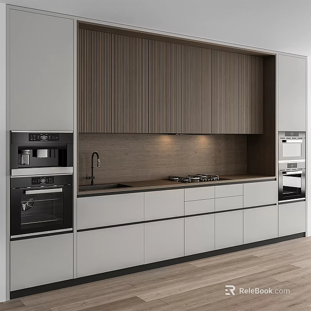 Modern Kitchen Interior With Wooden Panel Cabinets White Cabinetry And Built In Appliances 3d model 