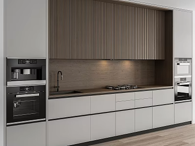 Modern Kitchen Interior With Wooden Panel Cabinets White Cabinetry And Built In Appliances 3d model