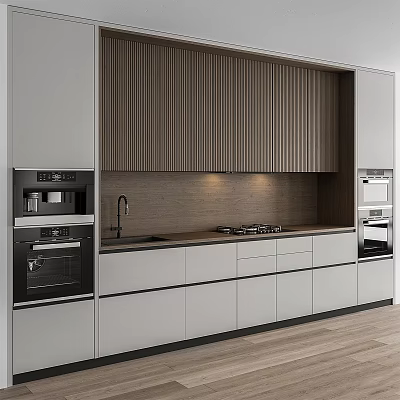 Modern Kitchen Interior With Wooden Panel Cabinets White Cabinetry And Built In Appliances 3d model
