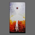 Oil Painting Featuring Ballerina With White Wings Mosaic Background Orange White Red Tones Hands Raised