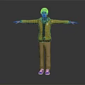 Character With Arms Outstretched Wearing Yellow Jacket Brown Pants And Blue Sneakers On Gray Background