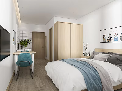 Modern Minimalist Apartment Bedroom With Wooden Wardrobe TV Desk And Potted Plant 3d model