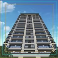 High Rise Modern Residential Building With Glass Balconies Greenery And Blue Sky
