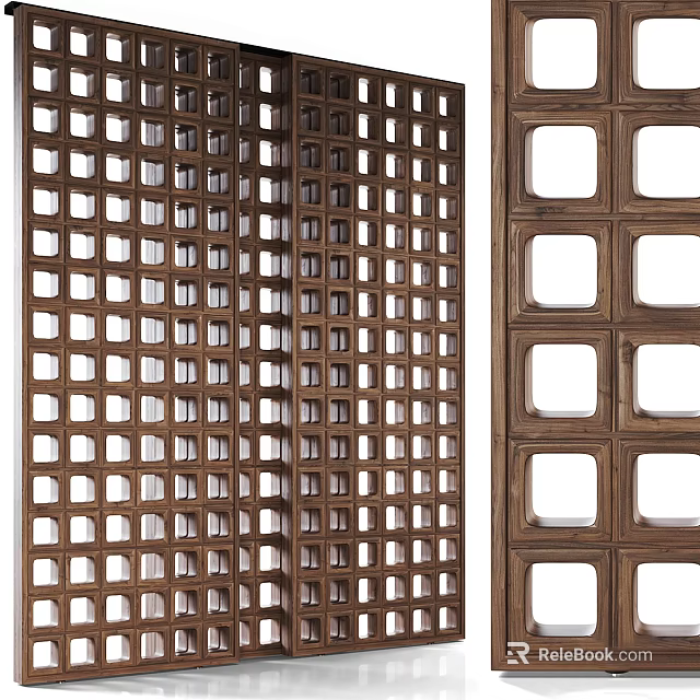 Modern Room Divider Design With Wooden Grid Pattern And Square Panels 3d model