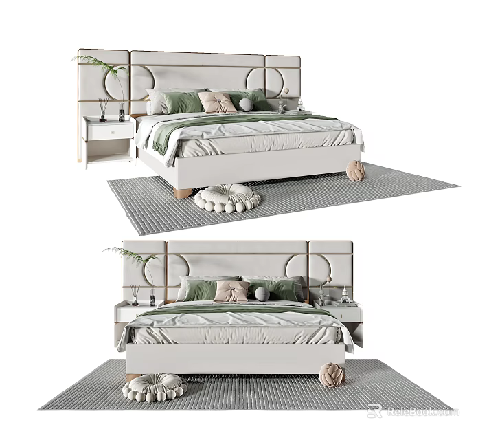 Modern Double Bed with Round Decorative Headboard Green Beige Pillows Bedside Table and Soft Rug 3d model