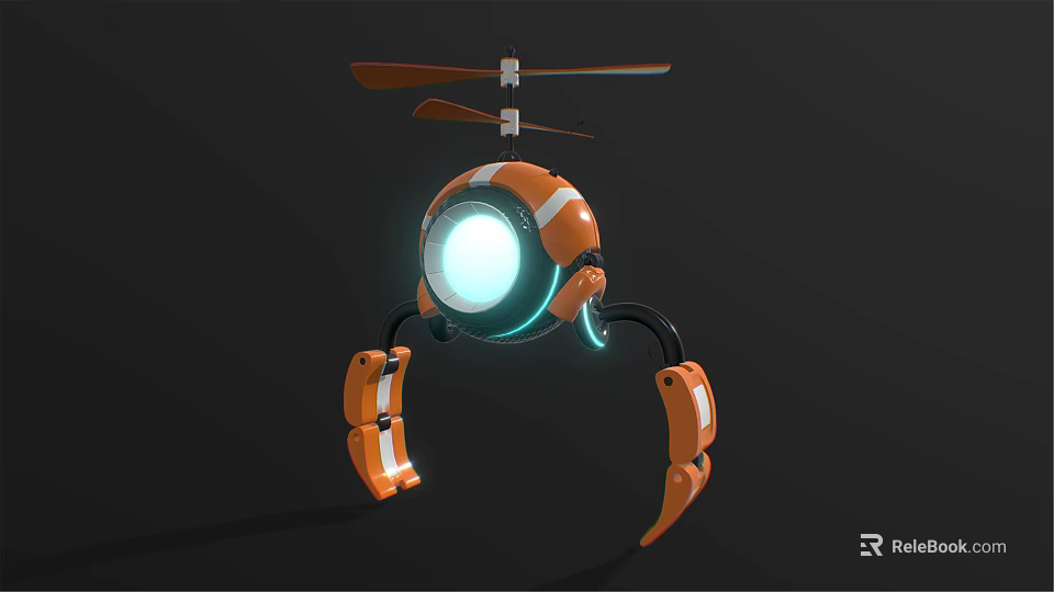 Orange Robot Character With Spherical Body Blue Glowing Eye Mechanical Legs And Propeller 3d model 