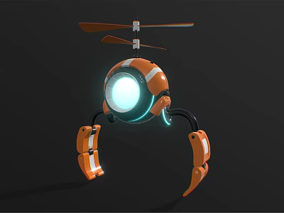 Orange Robot Character With Spherical Body Blue Glowing Eye Mechanical Legs And Propeller 3d model