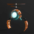 Orange Robot Character With Spherical Body Blue Glowing Eye Mechanical Legs And Propeller