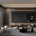 Modern Living Dining Room Interior With Dark Wood Walls Marble Floor Sofa And Decorative Figures