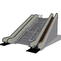 Modern Dual Escalator Design with Central Stairs and Metal Handrails System