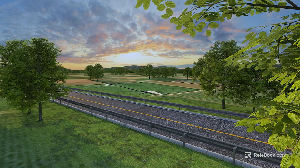 Scenic Road Infrastructure With Guardrails Green Grassland Trees And Sunset Sky 3d model 