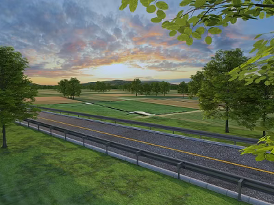 Scenic Road Infrastructure With Guardrails Green Grassland Trees And Sunset Sky 3d model