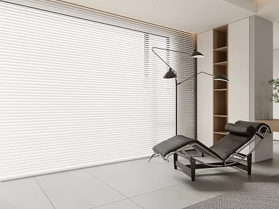Modern Leisure Area Interior With White Blinds Black Recliner Chair And Floor Lamp 3d model
