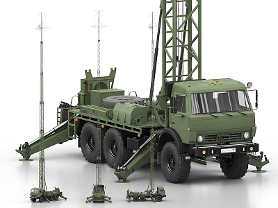 Green Military Weapon Truck Featuring Missile Launcher Antennas and Small Devices 3d model