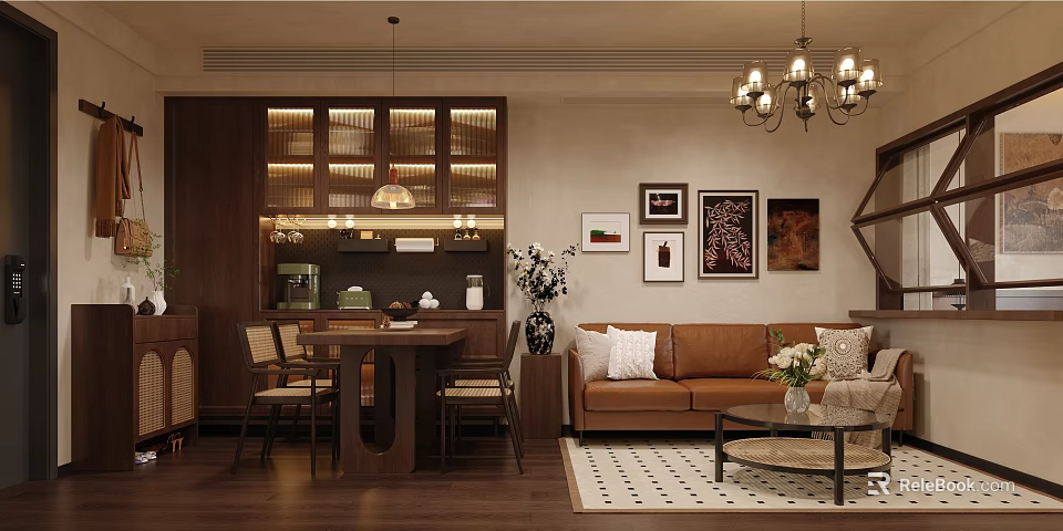 Warm Retro Open Living And Dining Room With Solid Wood Furniture And Brown Leather Sofa 3d model 
