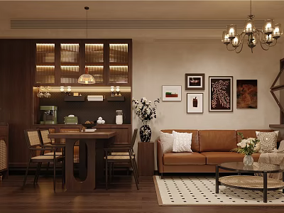Warm Retro Open Living And Dining Room With Solid Wood Furniture And Brown Leather Sofa 3d model