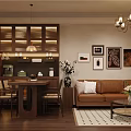Warm Retro Open Living And Dining Room With Solid Wood Furniture And Brown Leather Sofa