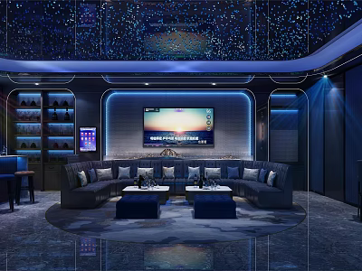 Luxurious KTV Interior With Starry Ceiling Blue Lighting Large Screen And Sofa Seating 3d model