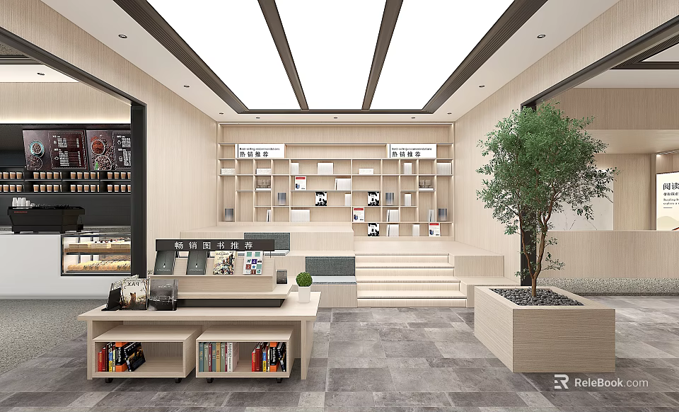 Bookstore Interior Design With Bookshelves And Greenery 3d model