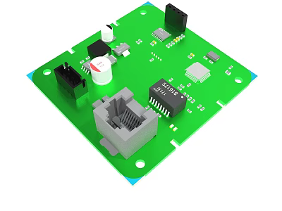 Green Circuit Board With Electronic Components RJ45 Connector Integrated Chips And Capacitors 3d model