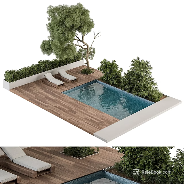 Outdoor Wooden Deck With Swimming Pool Green Plants Tree And Lounge Chairs 3d model 