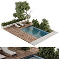 Outdoor Wooden Deck With Swimming Pool Green Plants Tree And Lounge Chairs