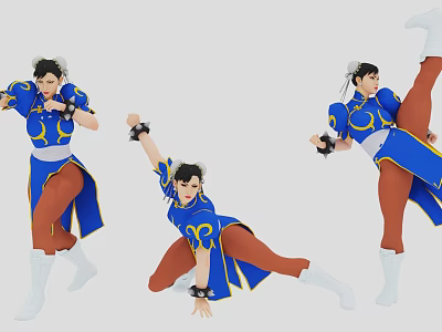 Dynamic Game And Movie Character In Blue Outfit With Yellow Accents And Martial Arts Poses 3d model