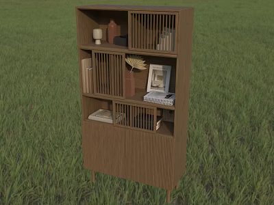 Modern Wooden Bookcase With Multiple Compartments Books Photo Frame Palm Leaf And Decorative Vase 3d model