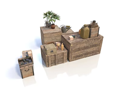 Rustic Wooden Crates Display Potted Plant Watering Can Soap Household Items 3d model