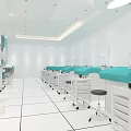 Bright Modern Hair and Beauty Salon With Facial Care Mirrors Blue Chairs And Green Plants