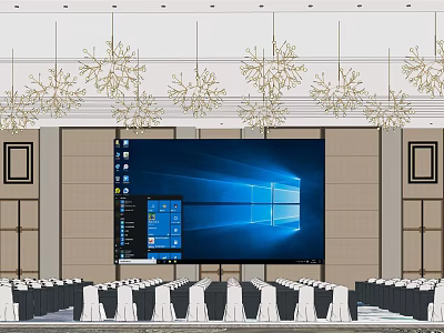 Modern Conference Room Interior With Large Projection Screen Arranged Chairs And Chandeliers 3d model
