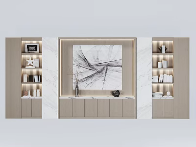 Modern Wooden Bookcase Display With Decorative Shelves Abstract Painting And Marble Background 3d model