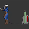 Welder Wearing White Safety Helmet Using Welding Torch With Red Machine And Green Gas Cylinder