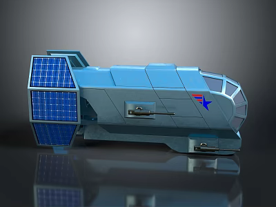 Futuristic Spacecraft Model Featuring Blue Solar Panels Silver Body Windows And Red Star Logo 3d model