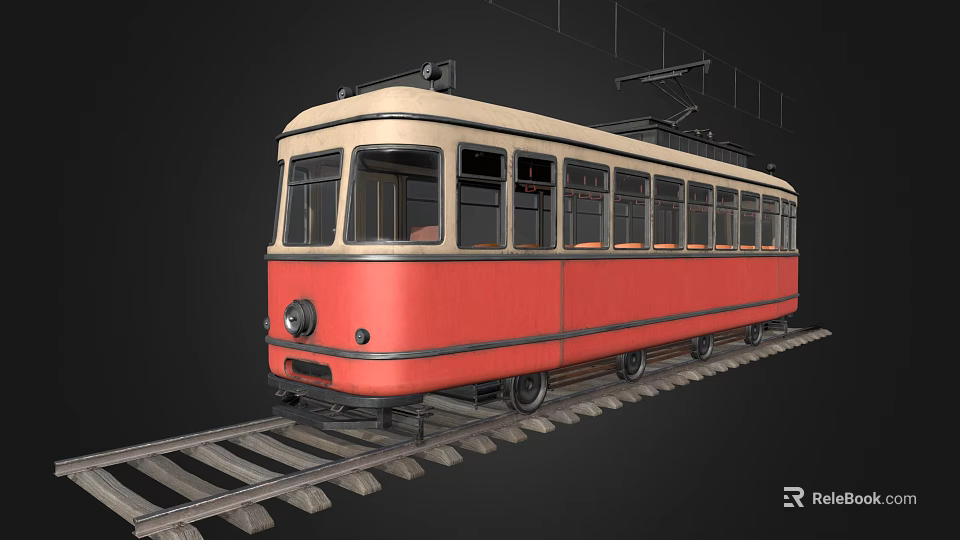 Vintage Red and Cream Tram Parked on Railway Tracks with Dark Background 3d model 
