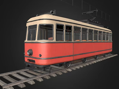 Vintage Red and Cream Tram Parked on Railway Tracks with Dark Background 3d model Vintage Red and Cream Tram Parked on Railway Tracks with Dark Background 3d model