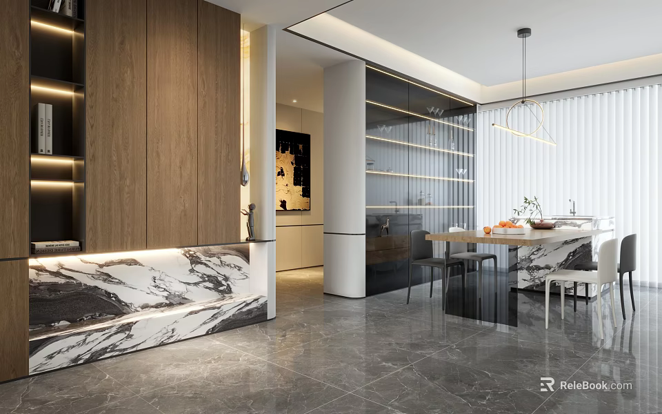 Modern Dining Room Interior With Open Layout Marble Counter Wooden Cabinets And Pendant Lights 3d model 