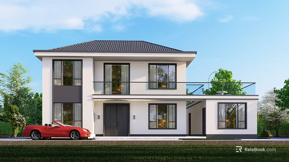 Modern Two story Detached Villa With White Exterior Black Roof Red Car And Green Lawn 3d model 