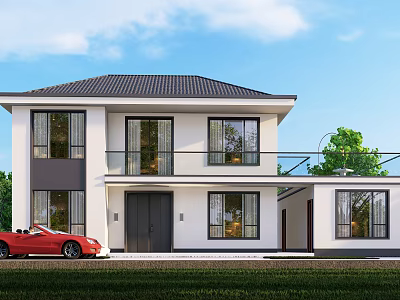 Modern Two story Detached Villa With White Exterior Black Roof Red Car And Green Lawn 3d model