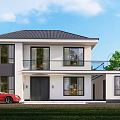 Modern Two story Detached Villa With White Exterior Black Roof Red Car And Green Lawn