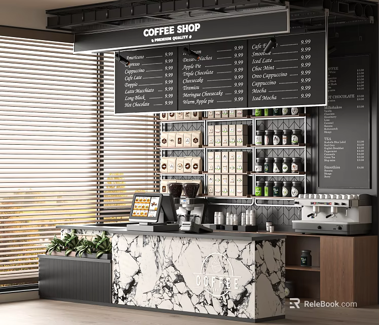 Stylish Coffee Shop Interior With Menu Board Marble Countertop Coffee Machine And Plants 3d model 