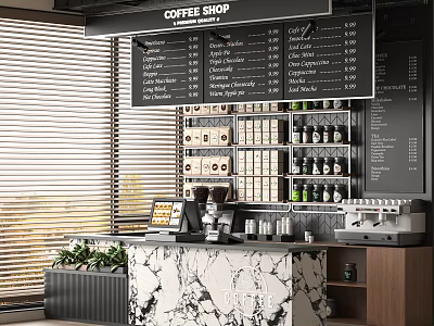 Stylish Coffee Shop Interior With Menu Board Marble Countertop Coffee Machine And Plants 3d model
